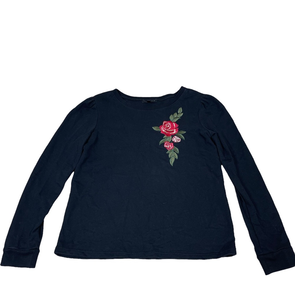 Sanctuary Black Puff Shoulder Flower 🌹 Embroidered Pullover‎ Sweater Size Small - Picture 5 of 11